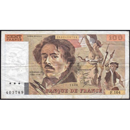 F 69-10 - 1986 - 100 francs - Delacroix modifié - Série F.104 - Etat : TB-
