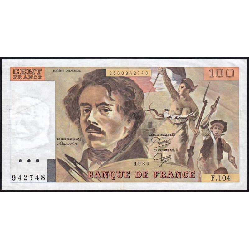 F 69-10 - 1986 - 100 francs - Delacroix modifié - Série F.104 - Etat : TTB