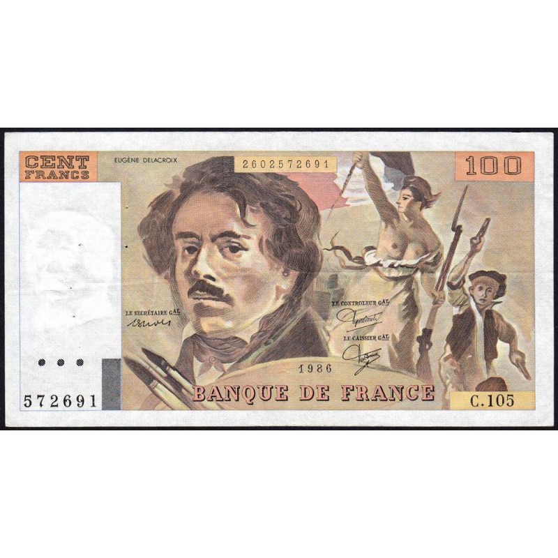 F 69-10 - 1986 - 100 francs - Delacroix modifié - Série C.105 - Etat : TTB