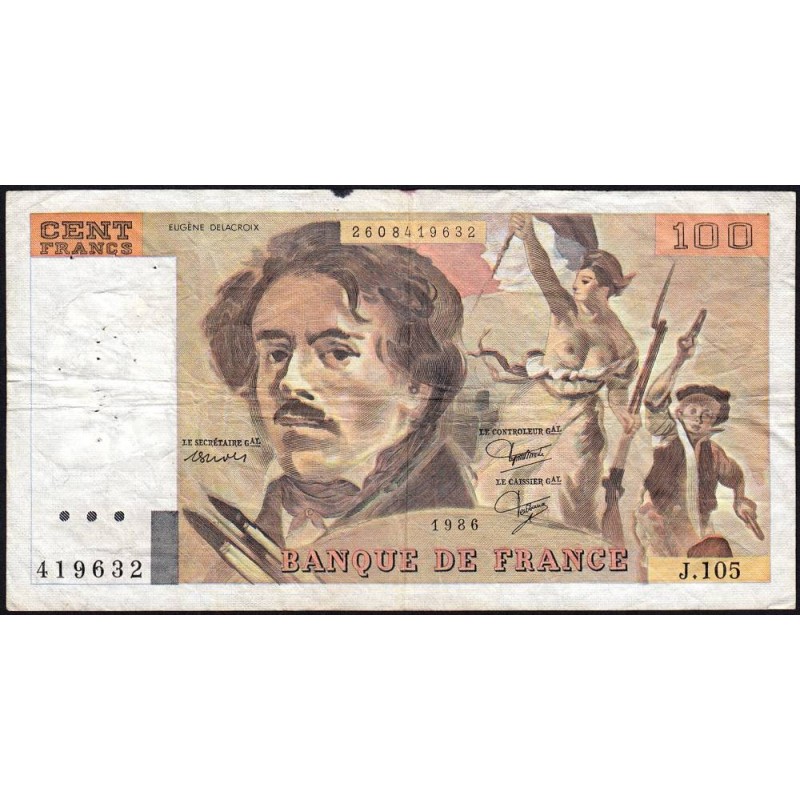 F 69-10 - 1986 - 100 francs - Delacroix modifié - Série J.105 - Etat : TB-