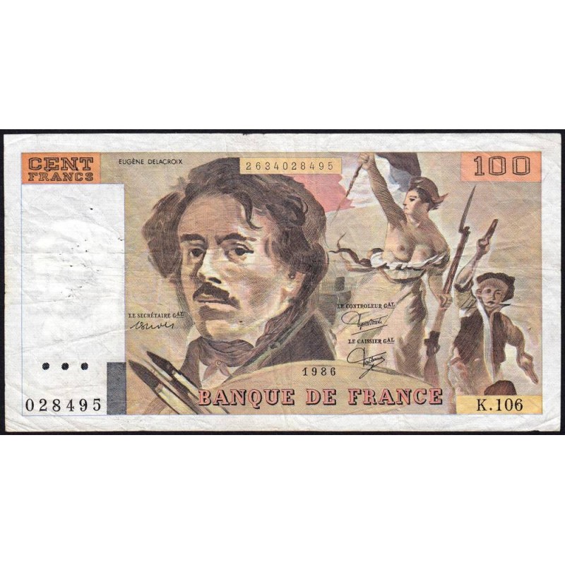 F 69-10 - 1986 - 100 francs - Delacroix modifié - Série K.106 - Etat : TB-