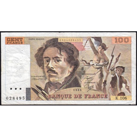 F 69-10 - 1986 - 100 francs - Delacroix modifié - Série K.106 - Etat : TB-