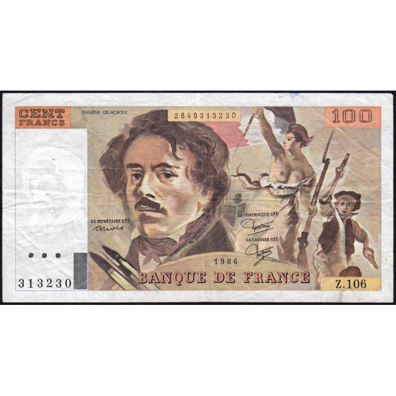 F 69-10 - 1986 - 100 francs - Delacroix modifié - Série Z.106 - Etat : TB