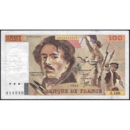 F 69-10 - 1986 - 100 francs - Delacroix modifié - Série Z.106 - Etat : TB