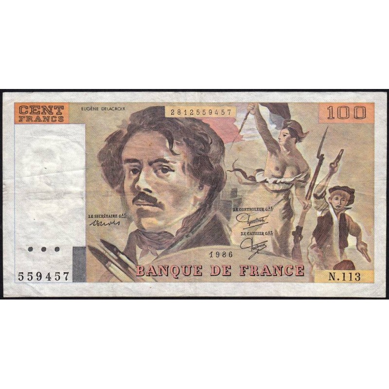 F 69-10 - 1986 - 100 francs - Delacroix modifié - Série N.113 - Etat : TB