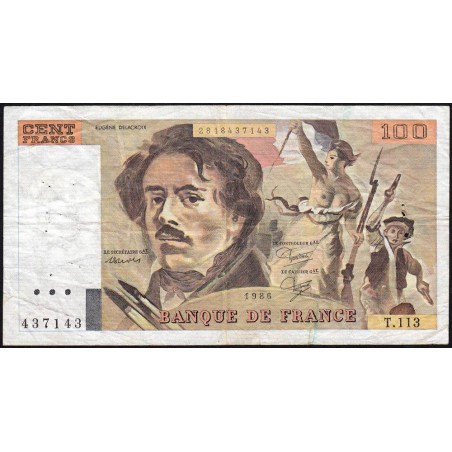 F 69-10 - 1986 - 100 francs - Delacroix modifié - Série T.113 - Etat : TB-