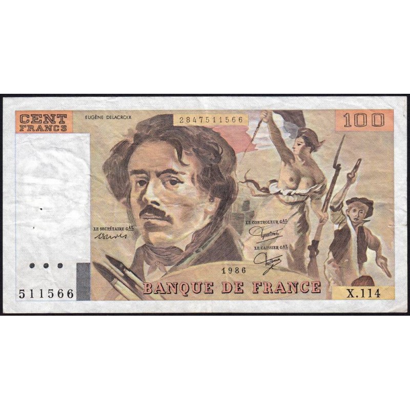 F 69-10 - 1986 - 100 francs - Delacroix modifié - Série X.114 - Etat : TB