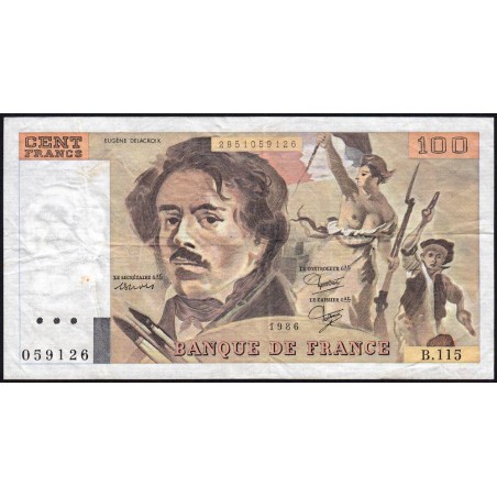F 69-10 - 1986 - 100 francs - Delacroix modifié - Série B.115 - Etat : TB