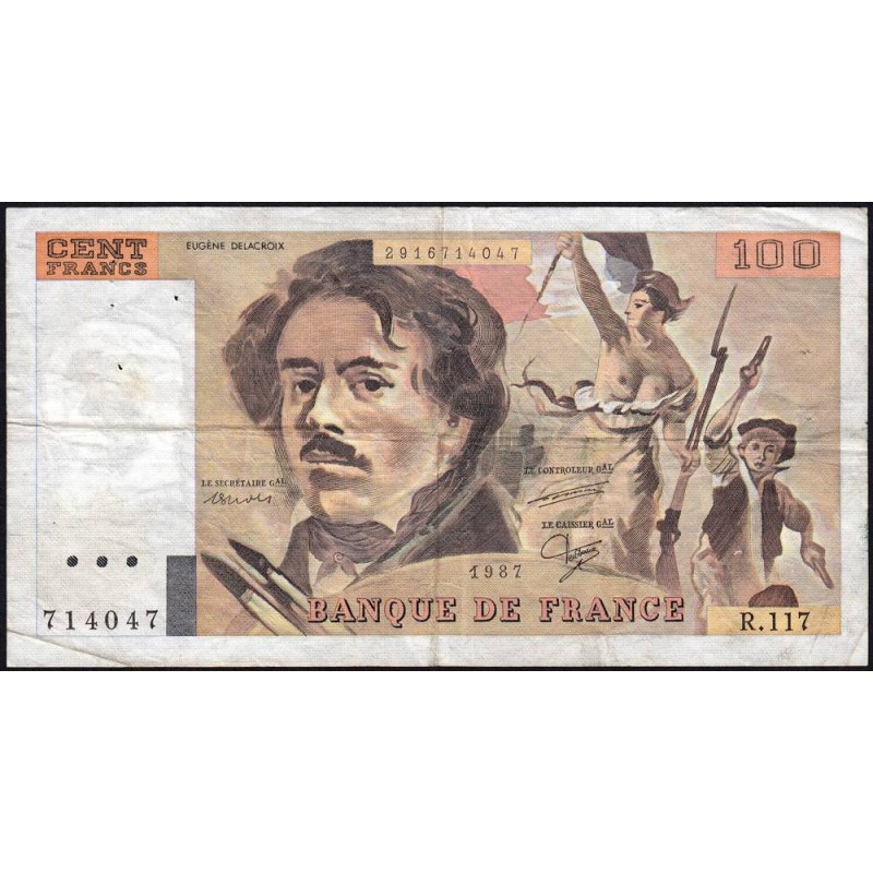 F 69-11 - 1987 - 100 francs - Delacroix modifié - Série R.117 - Etat : TB