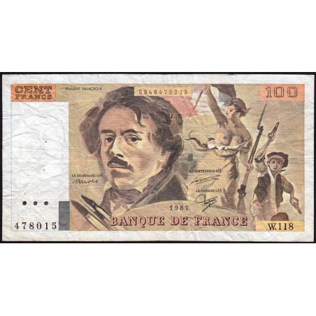 F 69-11 - 1987 - 100 francs - Delacroix modifié - Série W.118 (remplacement) - Etat : TB-