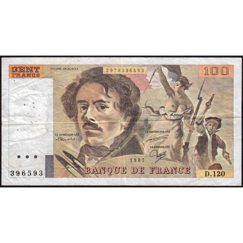 F 69-11 - 1987 - 100 francs - Delacroix modifié - Série D.120 - Etat : TB