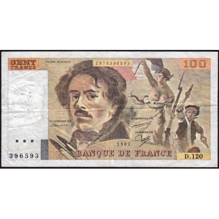 F 69-11 - 1987 - 100 francs - Delacroix modifié - Série D.120 - Etat : TB