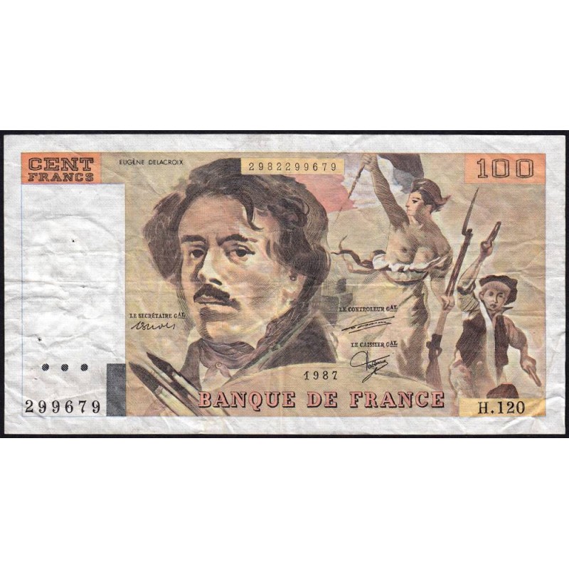 F 69-11 - 1987 - 100 francs - Delacroix modifié - Série H.120 - Etat : TB-
