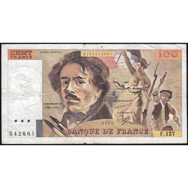 F 69-11 - 1987 - 100 francs - Delacroix modifié - Série F.127 - Etat : TB-