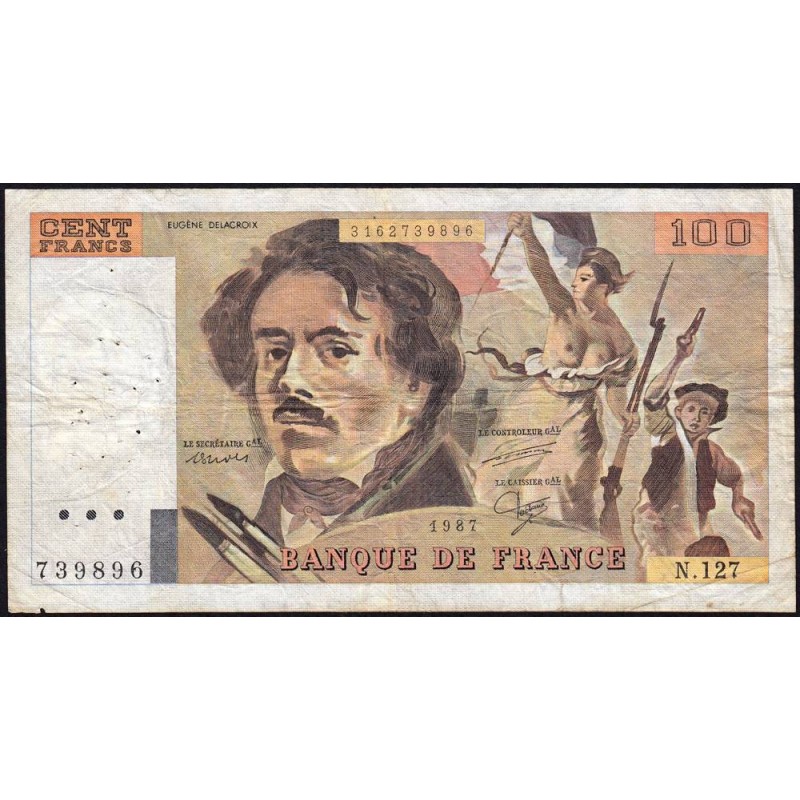 F 69-11 - 1987 - 100 francs - Delacroix modifié - Série N.127 - Etat : TB-