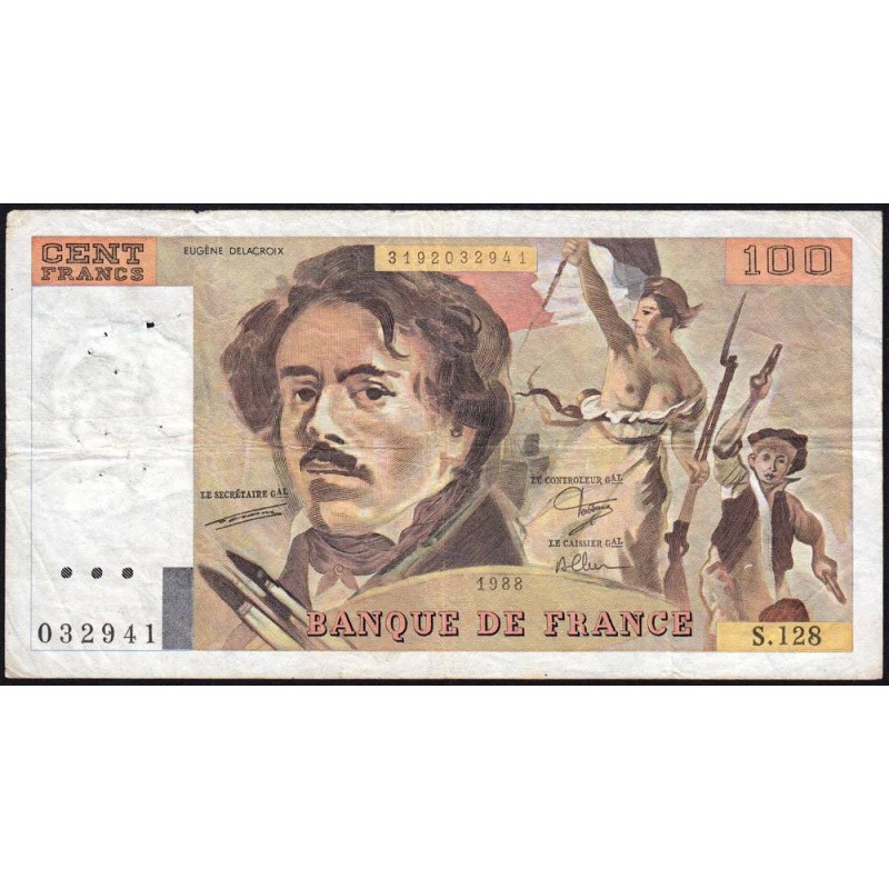 F 69-12 - 1988 - 100 francs - Delacroix modifié - Série S.128 - Etat : TB-