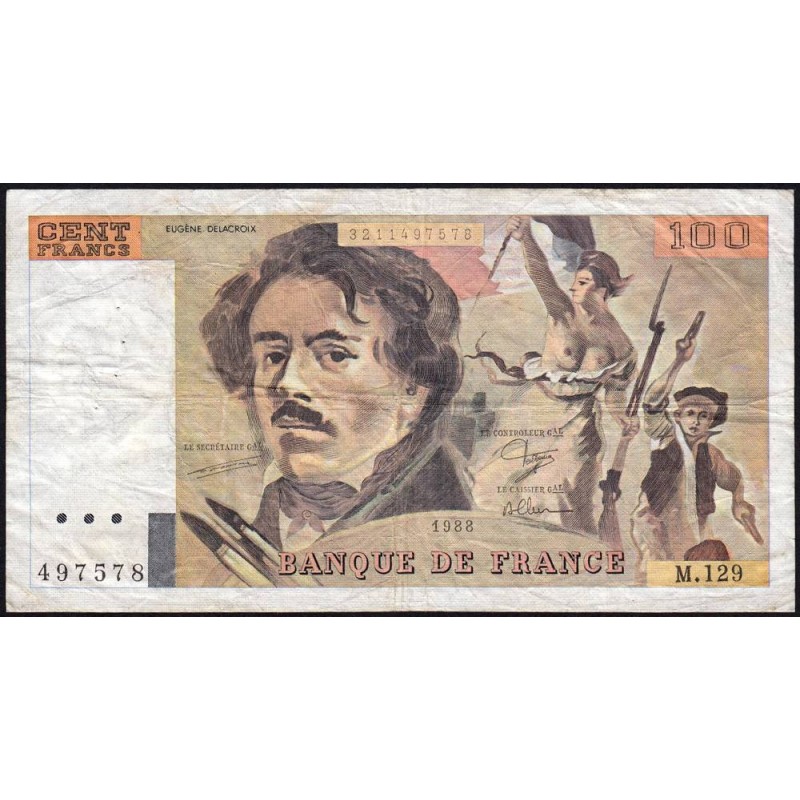 F 69-12 - 1988 - 100 francs - Delacroix modifié - Série M.129 - Etat : TB-