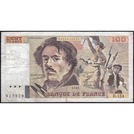 F 69-13a - 1989 - 100 francs - Delacroix modifié - Série D.134 - Etat : TB-