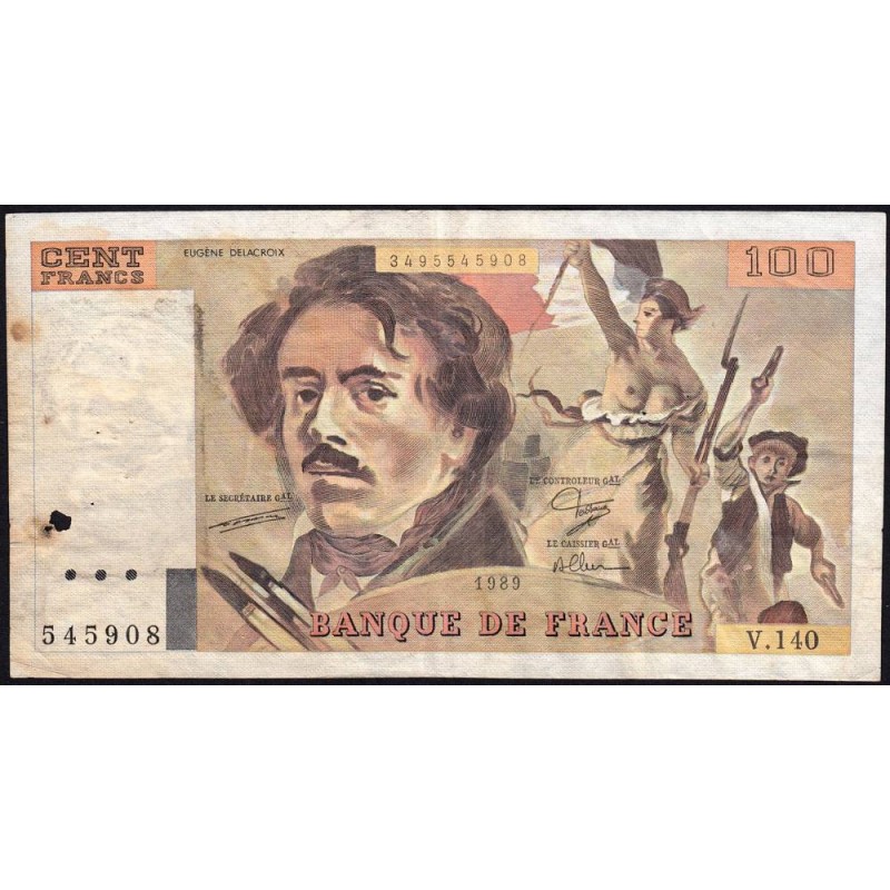 F 69-13b - 1989 - 100 francs - Delacroix modifié - Série V.140 - Etat : B+