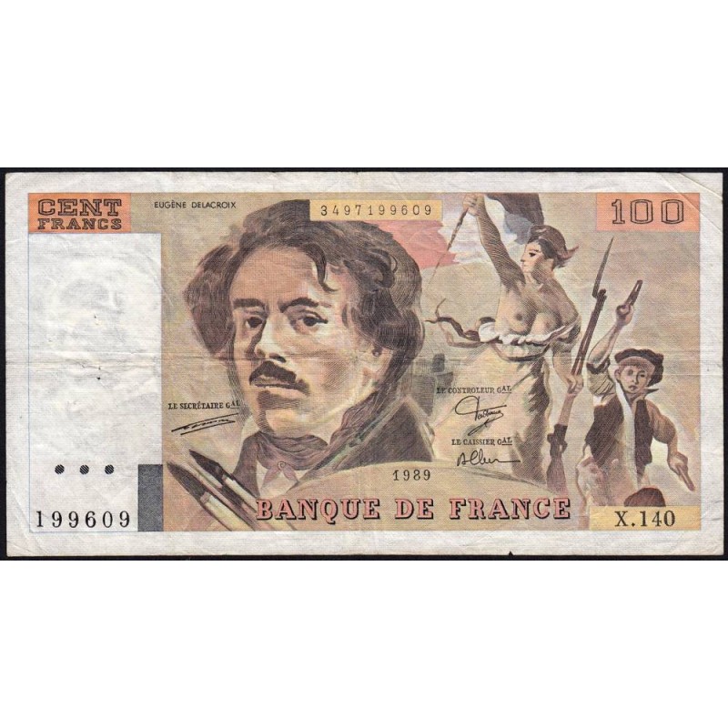 F 69-13b - 1989 - 100 francs - Delacroix modifié - Série X.140 - Etat : TB