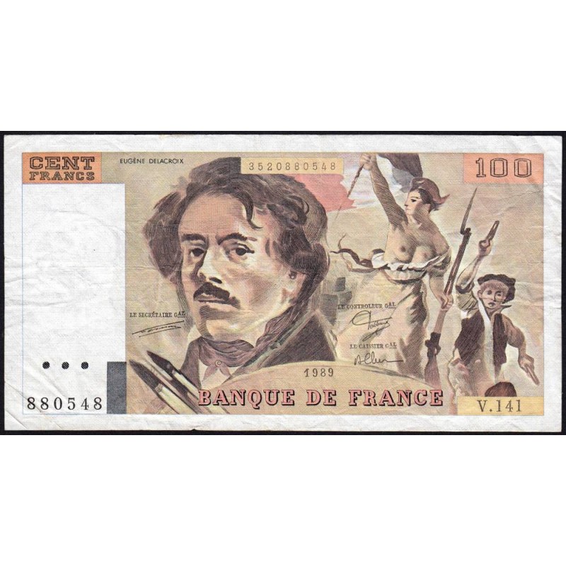 F 69-13b - 1989 - 100 francs - Delacroix modifié - Série V.141 - Etat : TB+