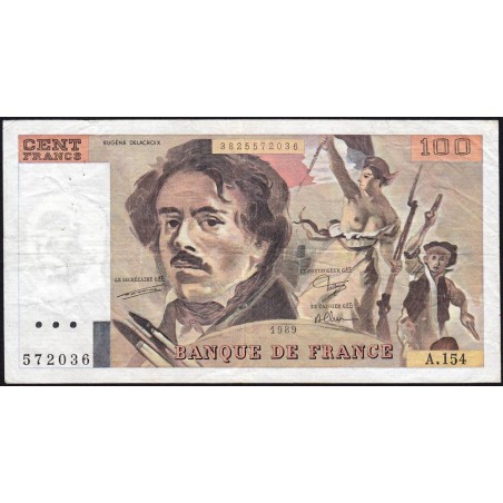 F 69-13d - 1989 - 100 francs - Delacroix modifié - Série A.154 - Etat : TB+