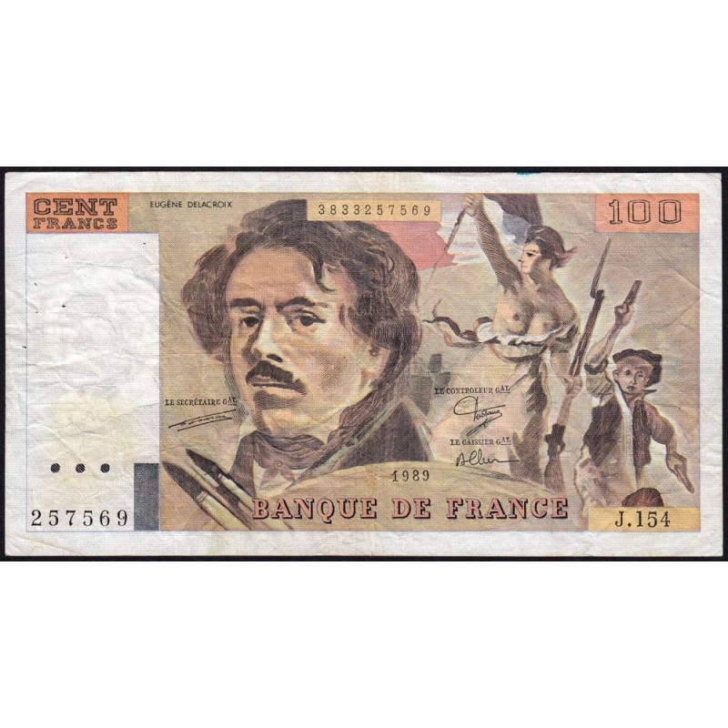 F 69-13d - 1989 - 100 francs - Delacroix modifié - Série J.154 - Etat : TB