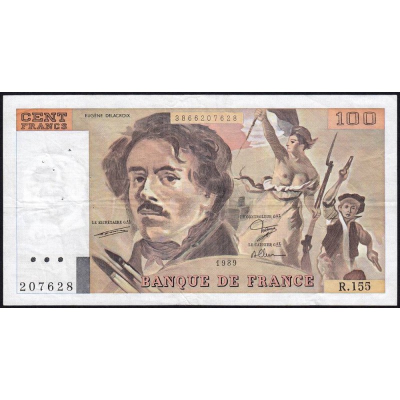 F 69-13d - 1989 - 100 francs - Delacroix modifié - Série R.155 - Etat : TB+
