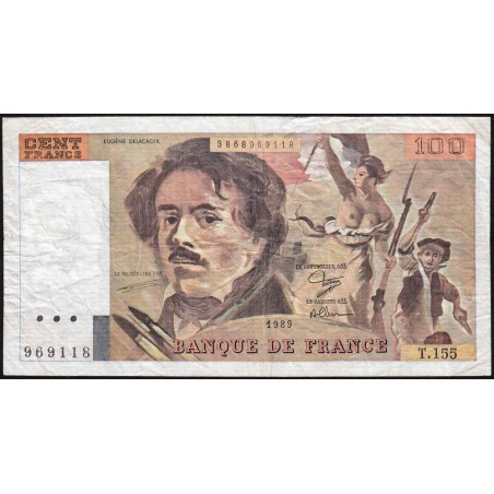 F 69-13d - 1989 - 100 francs - Delacroix modifié - Série T.155 - Etat : TB-