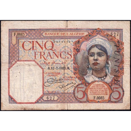 Tunisie - Pick 8a - 5 francs - Série F.0085 - 17/07/1925 - Etat : TB-