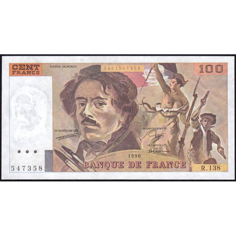 F 69bis-01a - 1990 - 100 francs - Delacroix modifié - Série R.138 - Etat : SUP+