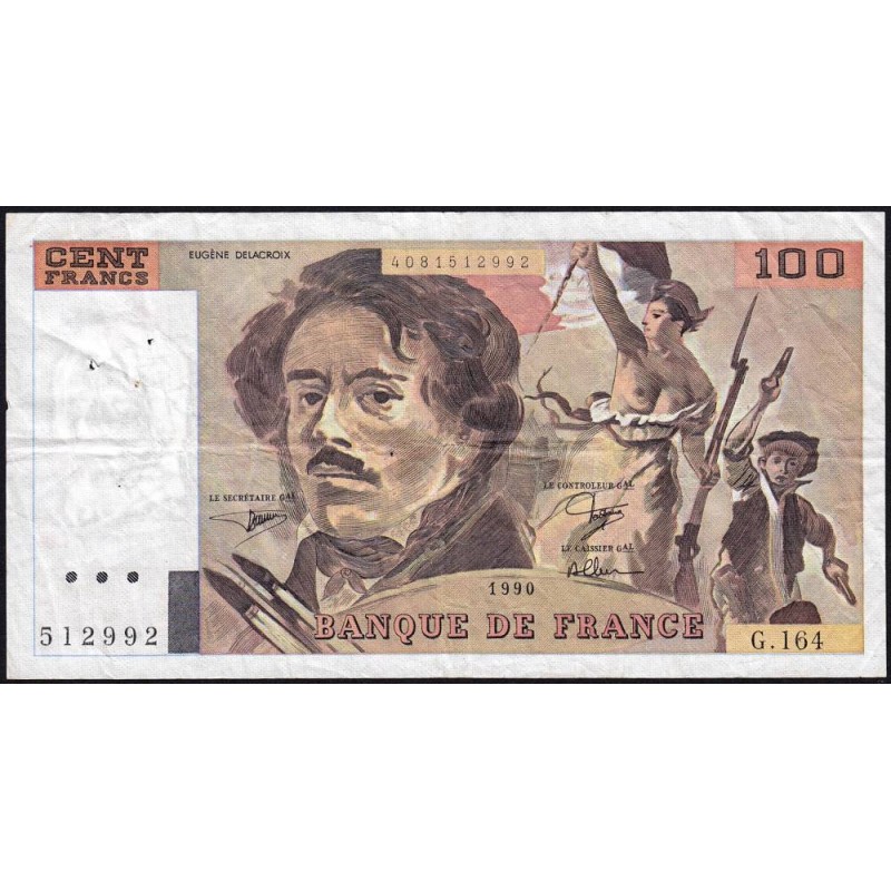 F 69bis-02b - 1990 - 100 francs - Delacroix modifié - Série G.164 - Etat : TB+