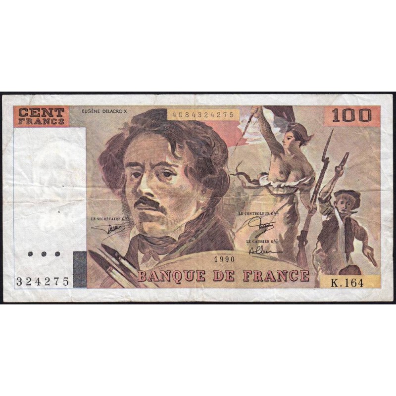 F 69bis-02b - 1990 - 100 francs - Delacroix modifié - Série K.164 - Etat : TB