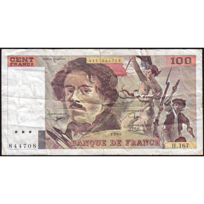 F 69bis-02b - 1990 - 100 francs - Delacroix modifié - Série H.167 - Etat : TB-