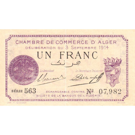 Algérie - Alger 137-1 - 1 franc - Série 563 - 03/09/1914 - Etat : SPL