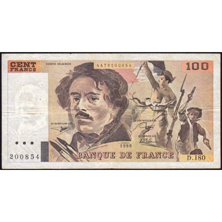 F 69bis-02d - 1990 - 100 francs - Delacroix modifié - Série D.180 - Etat : TB