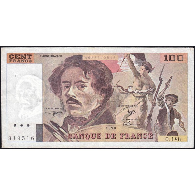 F 69bis-02e1 - 1990 - 100 francs - Delacroix modifié - Série O.188 - Etat : TB+