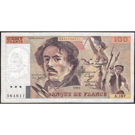 F 69bis-03b2 - 1991 - 100 francs - Delacroix modifié - Série A.187 - Etat : TB+