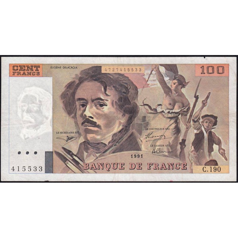 F 69bis-04a - 1991 - 100 francs - Delacroix modifié - Série C.190 - Etat : TTB