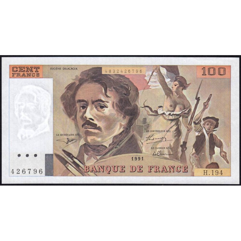 F 69bis-04a - 1991 - 100 francs - Delacroix modifié - Série H.194 - Etat : SUP+