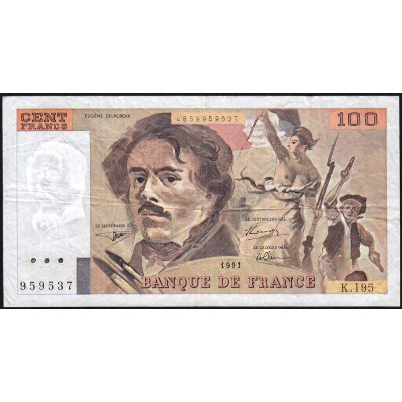F 69bis-04a - 1991 - 100 francs - Delacroix modifié - Série K.195 - Etat : TB