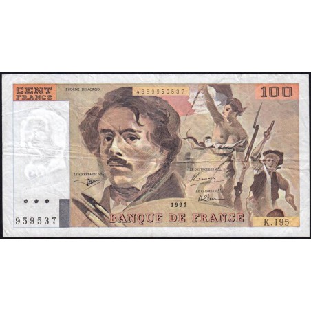 F 69bis-04a - 1991 - 100 francs - Delacroix modifié - Série K.195 - Etat : TB