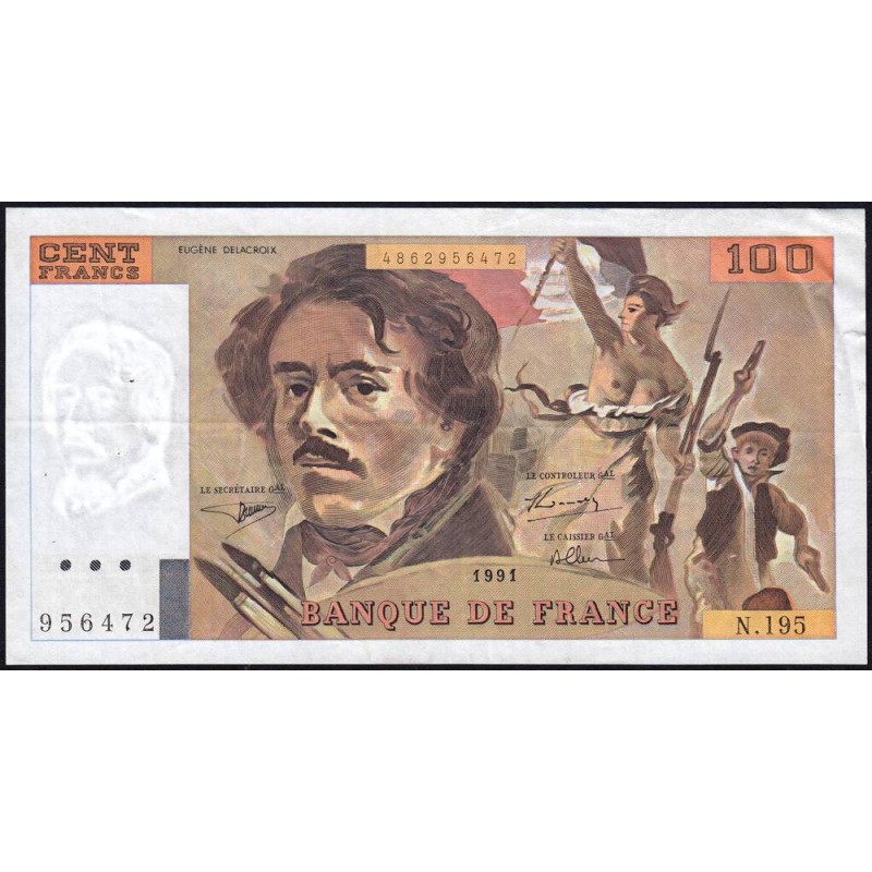 F 69bis-04a - 1991 - 100 francs - Delacroix modifié - Série N.195 - Etat : TTB