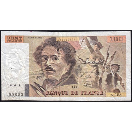 F 69bis-04a - 1991 - 100 francs - Delacroix modifié - Série A.198 - Etat : B+