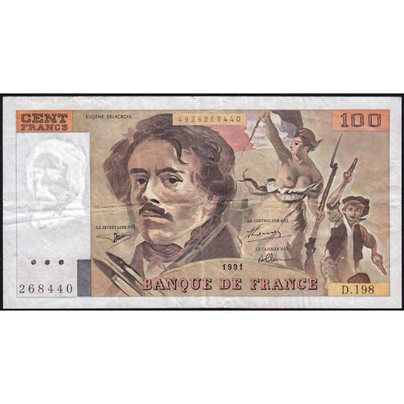 F 69bis-04a - 1991 - 100 francs - Delacroix modifié - Série D.198 - Etat : TB+