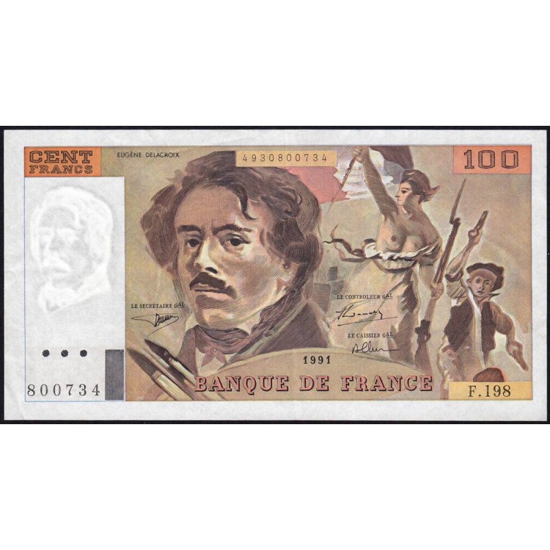 F 69bis-04a - 1991 - 100 francs - Delacroix modifié - Série F.198 - Etat : TTB+