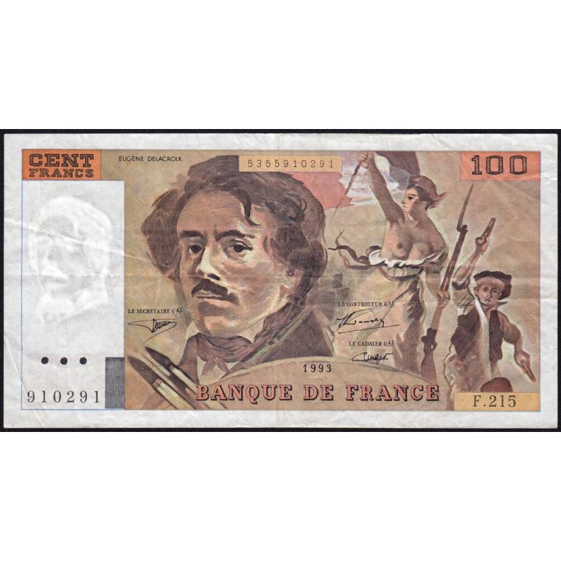 F 69bis-06b - 1993 - 100 francs - Delacroix modifié - Série F.215 - Etat : TB