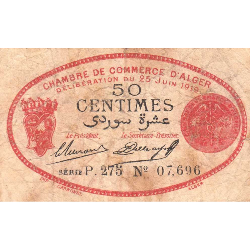 Algérie - Alger 137-11 - 50 centimes - Série P.275 - 25/06/1919 - Etat : TB-
