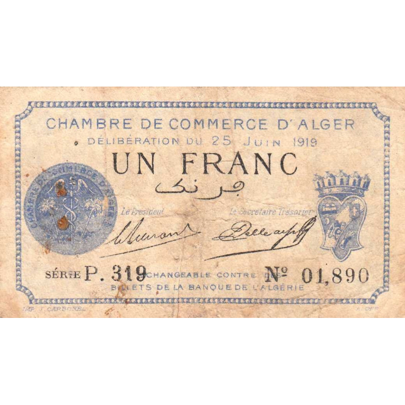 Algérie - Alger 137-12 - 1 franc - Série P.319 - 25/06/1919 - Etat : TB