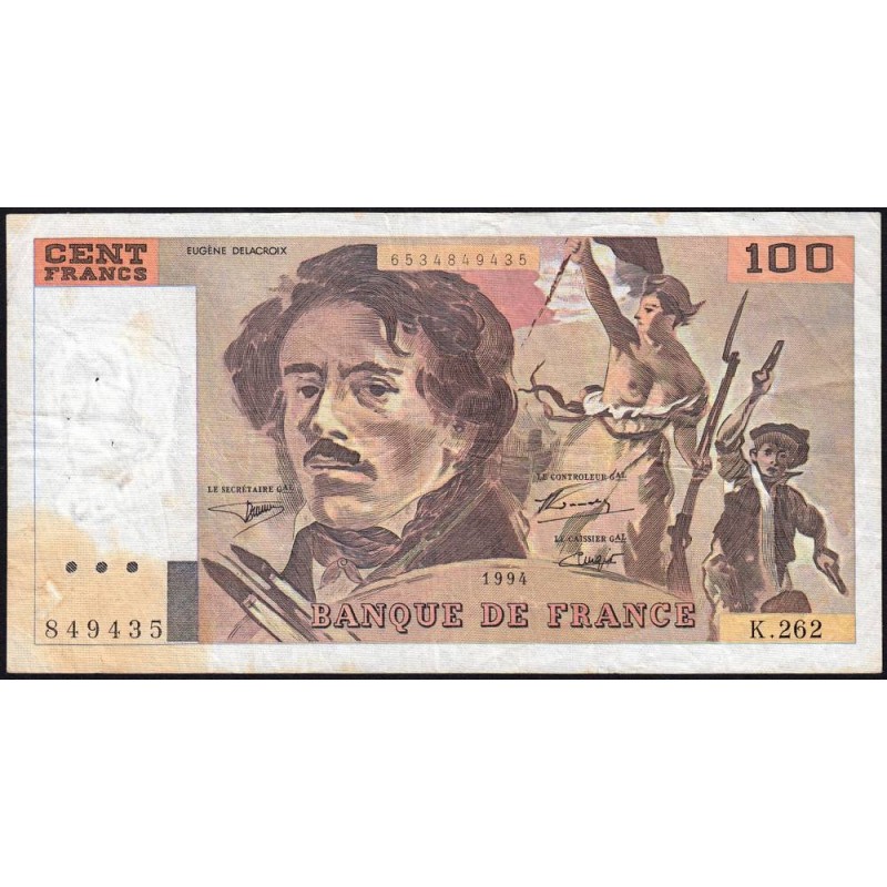 F 69ter-01b - 1994 - 100 francs - Delacroix modifié - Série K.262 - Etat : B+